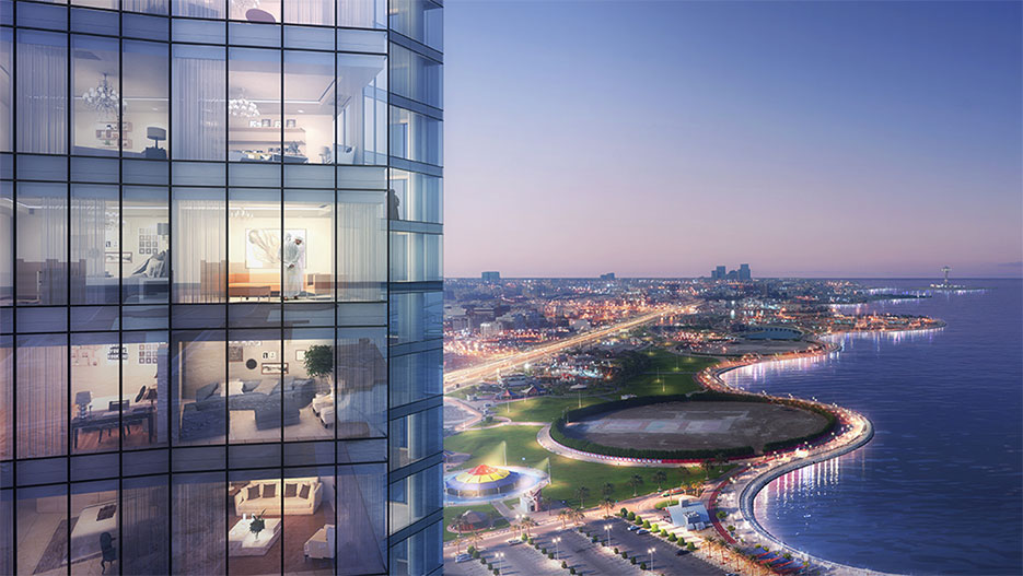 Architectural rendering of the view from an Ajdan Waterfront tower over the Khobar corniche