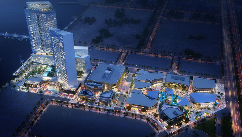Aerial rendering of the Ajdan Waterfront masterplan at night